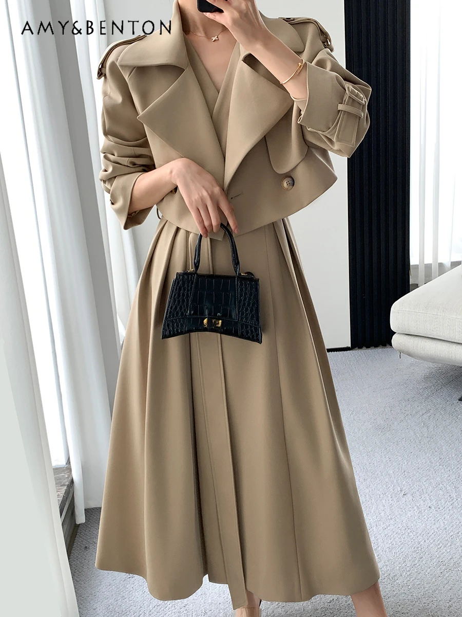 2024 Autumn New High-end Slim Temperament Ladies Suit Outfits Commuter Style Shorts Trench Coat Vest Dress Two-piece Set Women