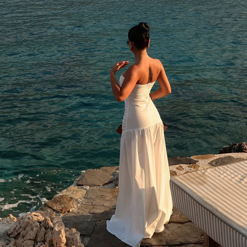 Robe longue Maxi pour femmes, couleur unie, sans bretelles, froncée, devant creux, sans manches, moulante, taille haute, pour la plage, les vacances, été, 2025