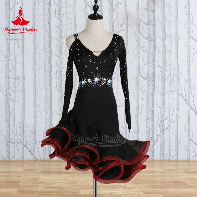 Fishbone Lower Hem Chacha Jive Rumba Mesh Splicing Long Sleeves Dress Dancer's Vitality Adult&Child Latin Dance Clothes Custom