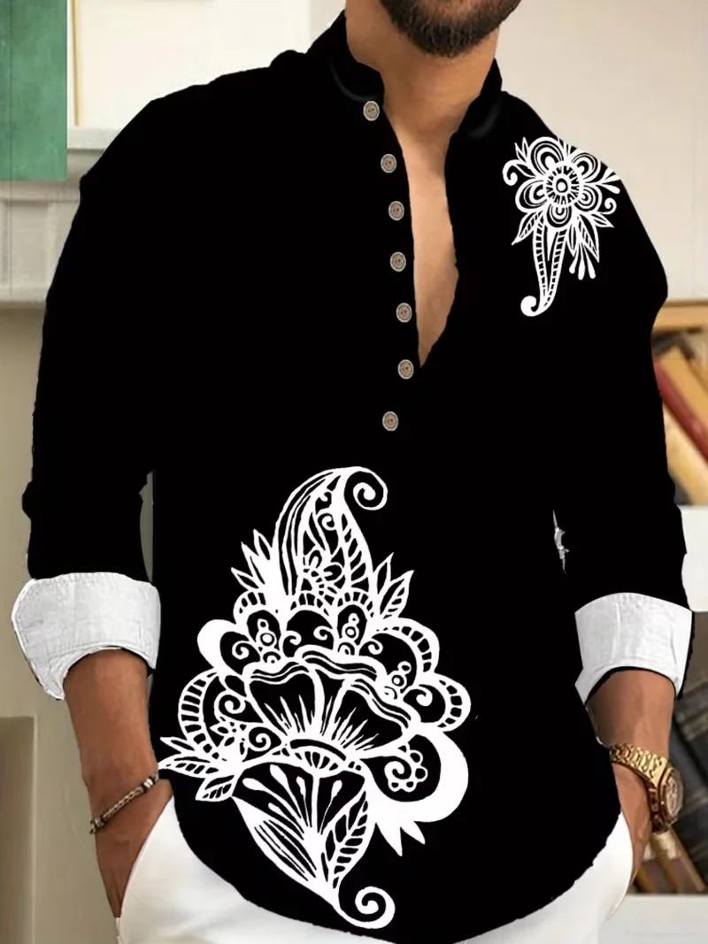Новая мужская повседневная льняная рубашка с воротником Генри и этническим цветочным принтом, мужская рубашка высокого качества, подходящий для повседневных топов
