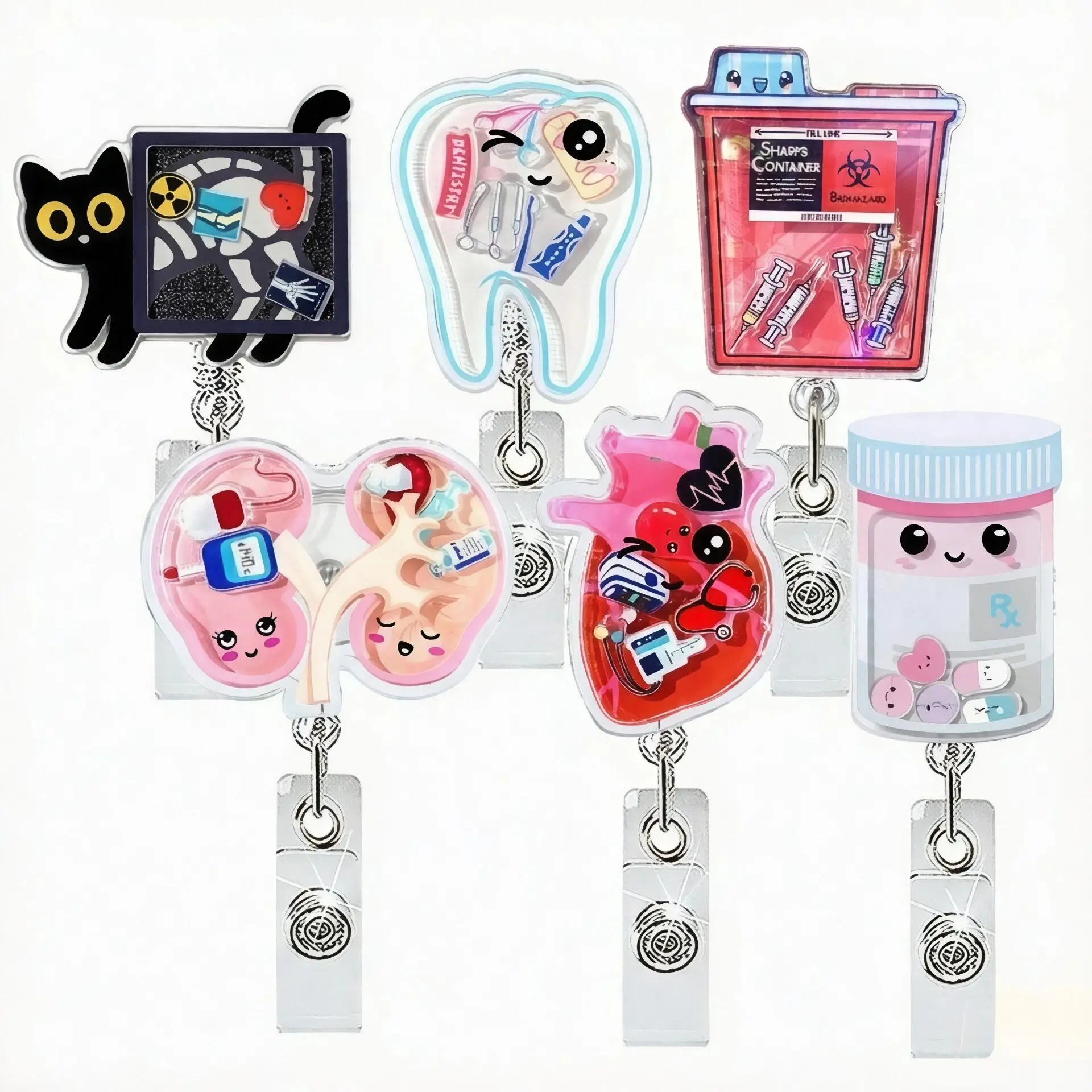 2026 New Design 1 Piece Shake Acrylic Anime Cat Heart Tooth Pills Bottle Retractable Nurse Badge Reel Doctor ID Card Holder