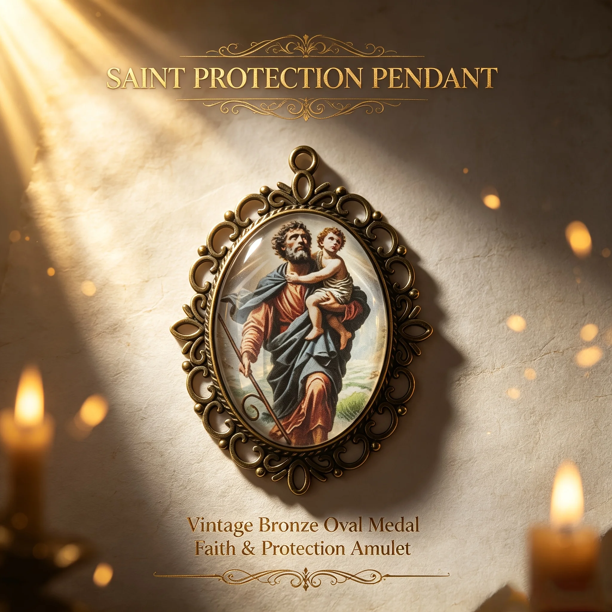 5Pcs Family Guardian Saint Joseph Bible Medal Pendants, Lace Border Religious Image Charms, Baptism Confirmation Souvenir Gifts