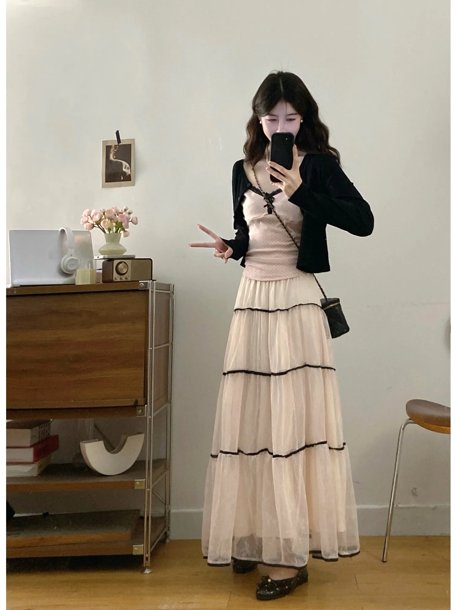 

plus Size Women's Pure Desire Lace Splice Summer New Style Pink Strap Cardigan Midi Skirt Set Korean Style Commute Fashion