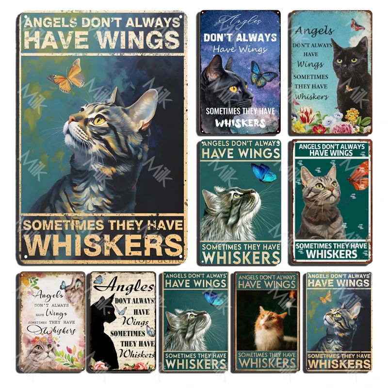 Metal Tin Sign Vintage Funny Tortoiseshell Cat, Wall Decor Angels Don't Always Have Wings Sometimes Whiskers Metal Poster