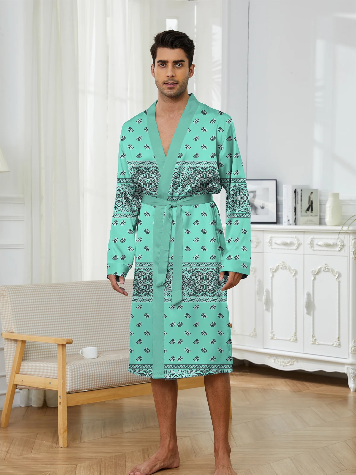 

Men's Long-Sleeve Long Robe, Full-Body Printed Casual Home Bathrobe, Skin-Friendly Sleepwear