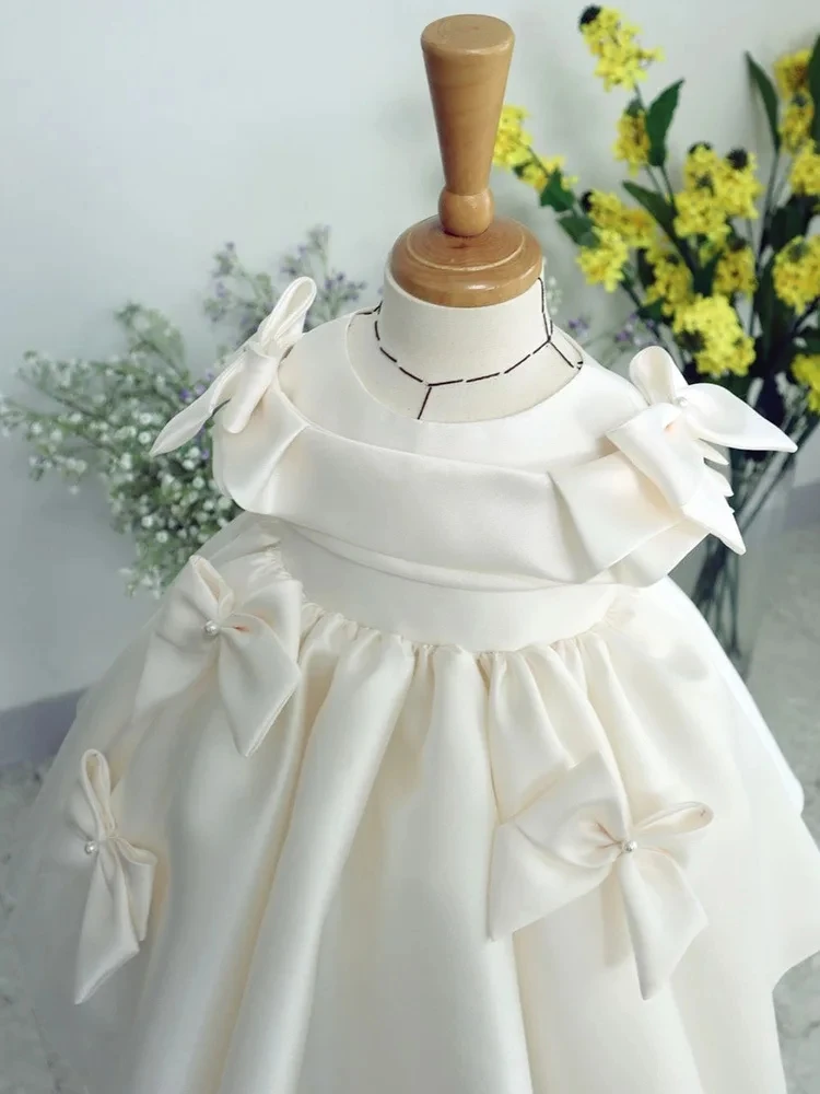 Vestidos de princesa de Color liso para niños, ropa de verano de lujo con lazo de Boda sin mangas, vestido de noche de cumpleaños para niñas blancas