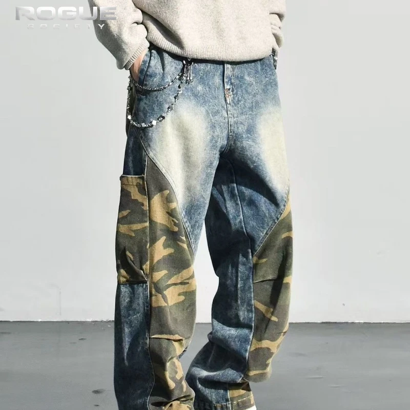 

Streetwear Camo Patchwork Denim Cargo Pants Unisex High Waist Loose Straight Wide Leg Jeans Vintage Harajuku Casual Outfit Y2K