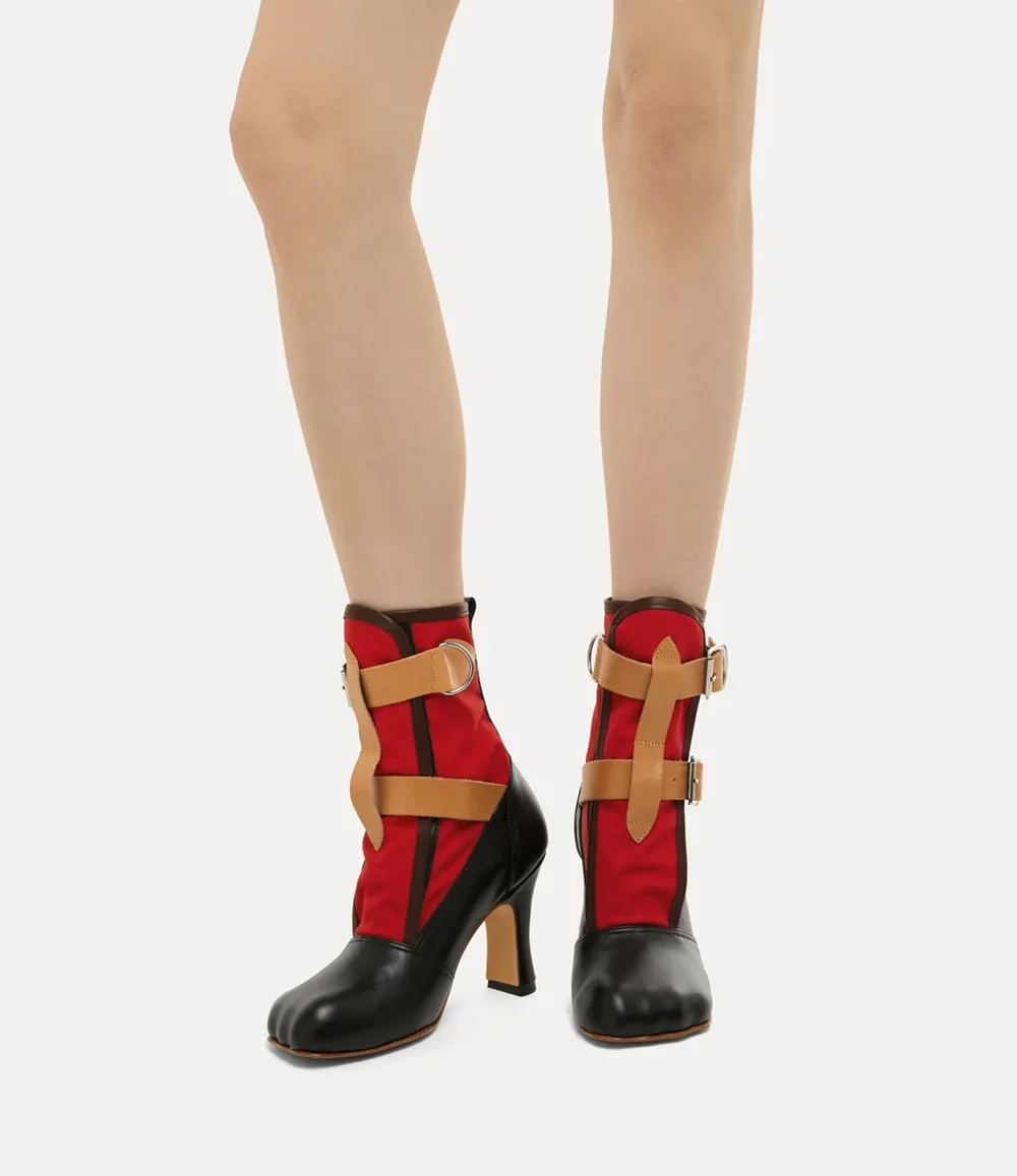 Retro Color Block Ankle Boots Red Black Leather Patchwork Design Multi Tan Buckle Straps Block High Heel Short Boots