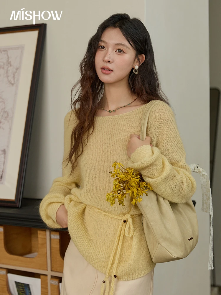 

MISHOW желтый вязаный свитер из мохера для женщин, осень 2021, двойной свитер с завязкой на талии, мягкие топы с овальным воротником MXE42Z1340