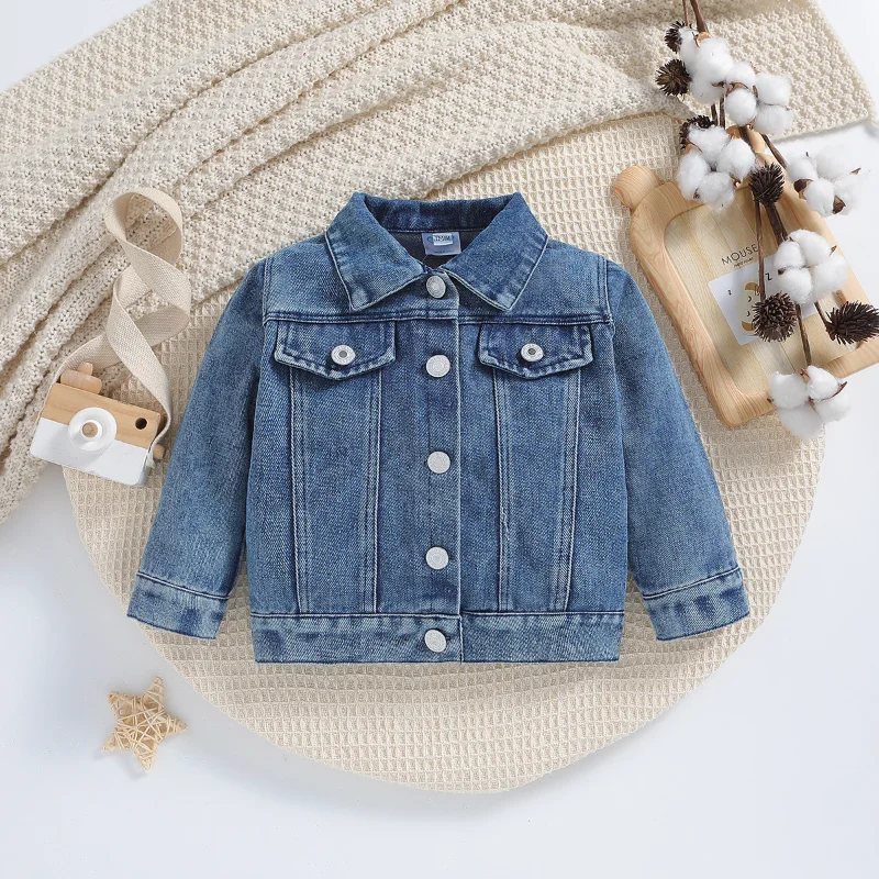 1-5Y Fall Children Clothes Fashion Denim Jean Jacket Button Long Sleeve Emboridery Letter Coat Outwear Tops Casual Kids Clothing