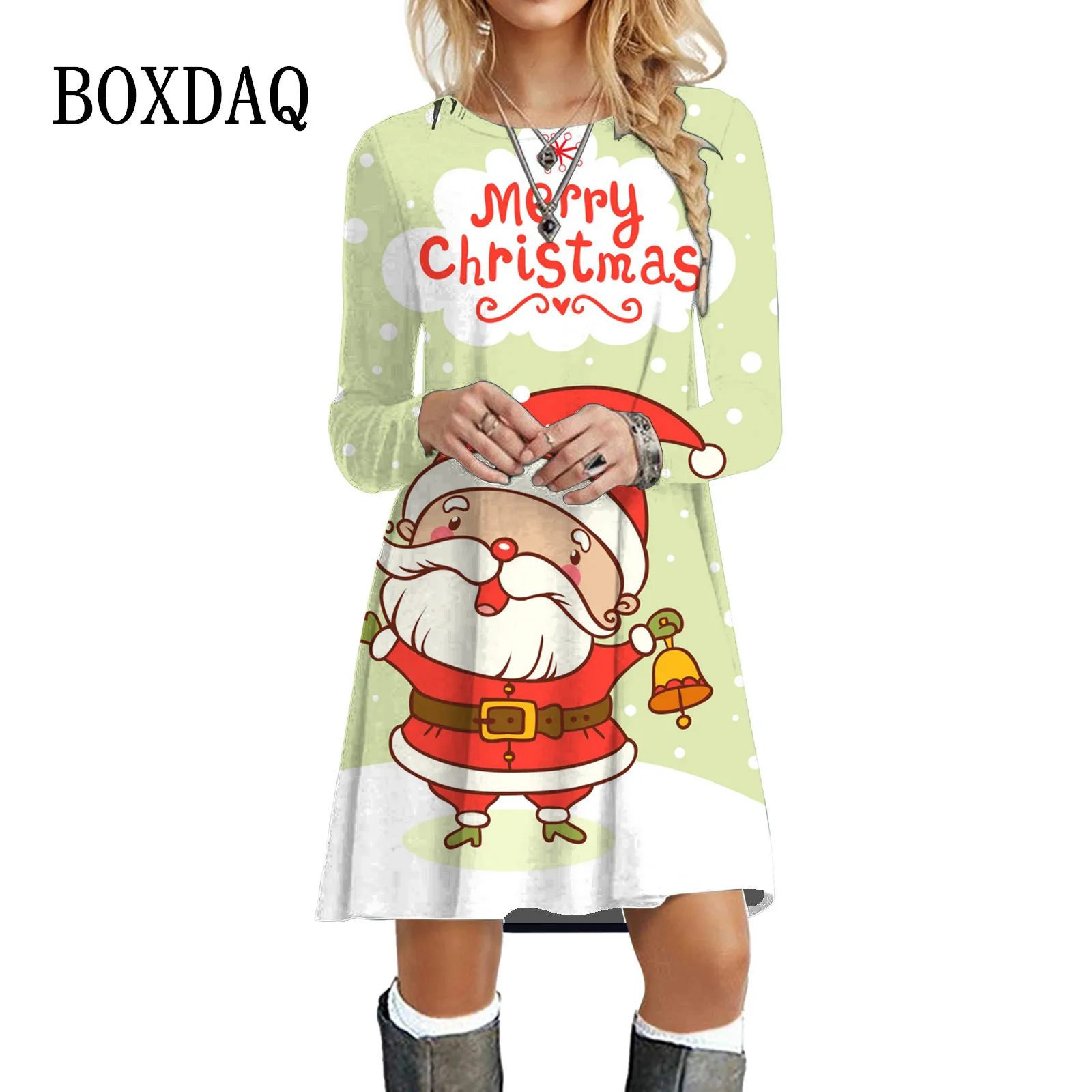 Letter Merry Christmas Print Dress Cartoon Santa Claus Women Kawaii Dress Winter Party Mini Dress Casual Cute Oversized Clothing