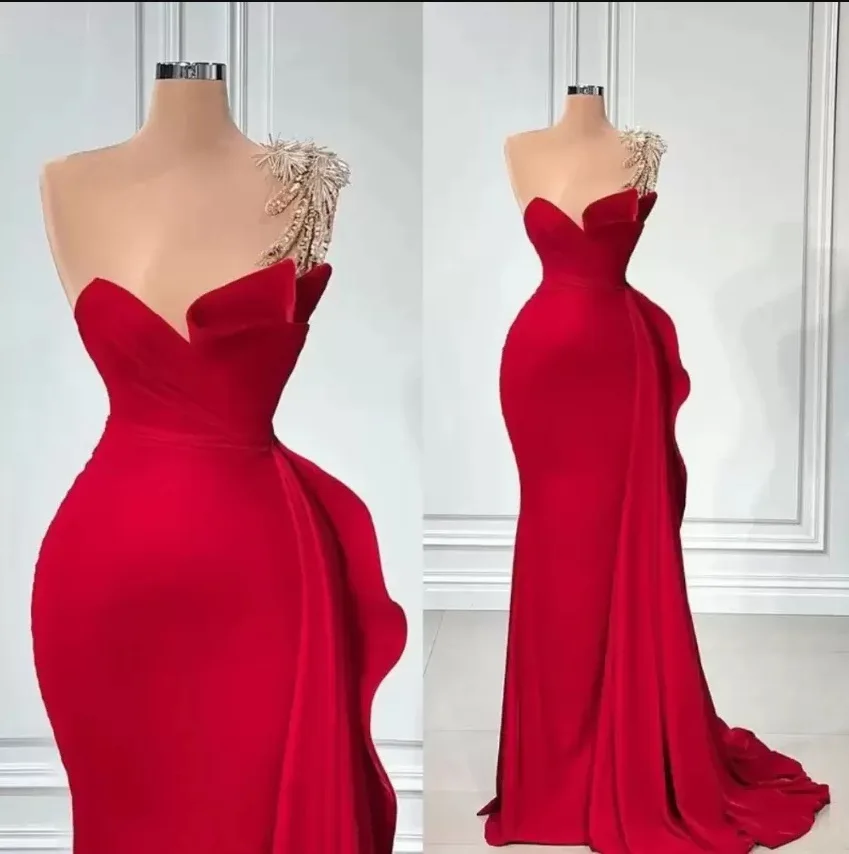 Elegant Red Mermaid Evening Dresses 2023 Luxury One Shoulder Beaded Long Formal Prom Party Gowns Birthday Dress For Women