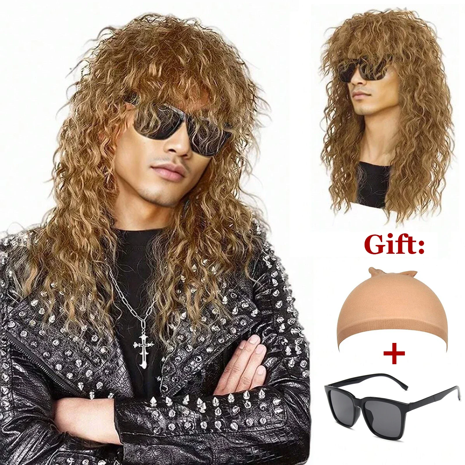 

Synthetic 80s Wig for Men and Women Mullet Wig Rock Wig Long Curly Rocker Costume Wig with Sunglasses