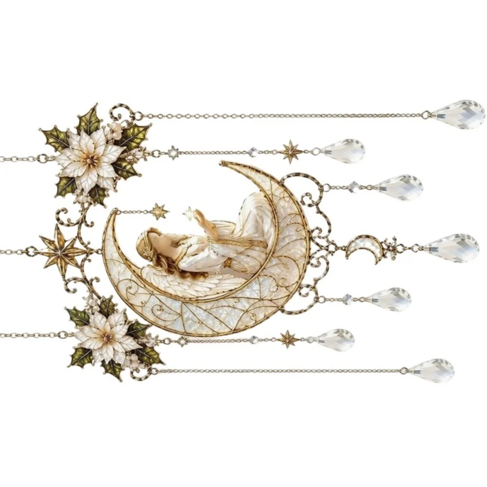 Wall Hanging Angel Moon Decor for Holiday Season Vintage Style Stained Glass and Golden Metal Ornament for Indoor Outdoor Use