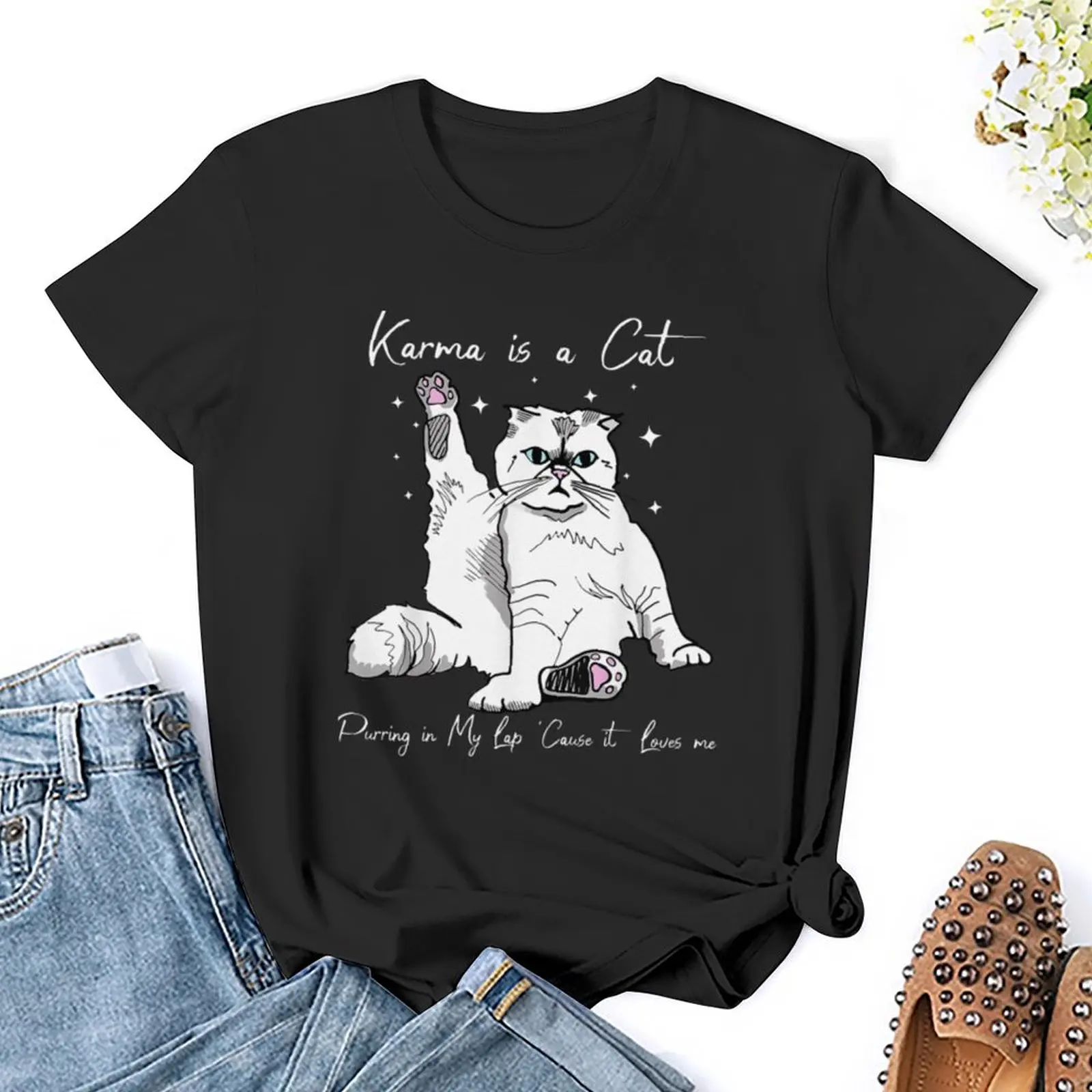 Karma Is A Cat Purring In My Lap Cause It Loves Me Cat Lover T-Shirt blanks funnys new edition t shirts for Womens