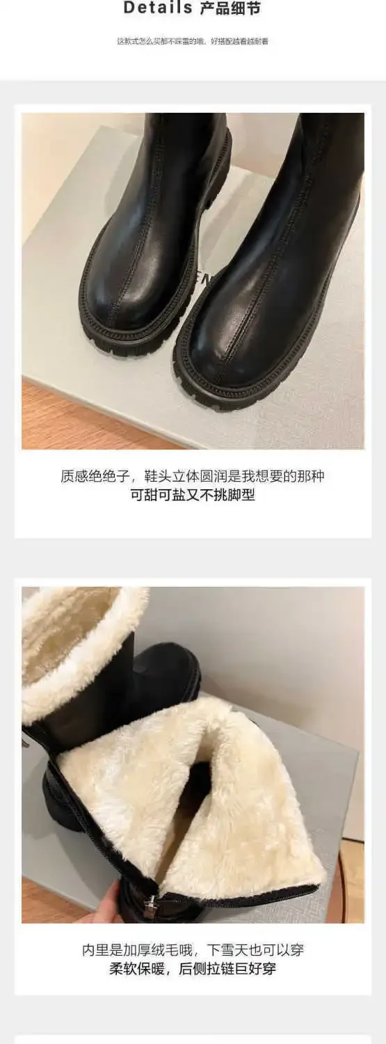 Größe 42 Herbst-Winter-Schneestiefel Warme Pelz-Damen-Stiefeletten Modische Elegante Schuhe mit Rückenreißverschlüssen Dicker Absatz Damen-Kurzstiefel – Detail 6