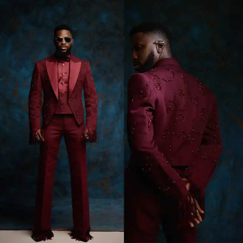 Design Wedding Tuxedos Beaded Tassel Single Breasted Men Suit Fashion 2 Piece Set Jacket Pants Groom Evening Blazers Customized