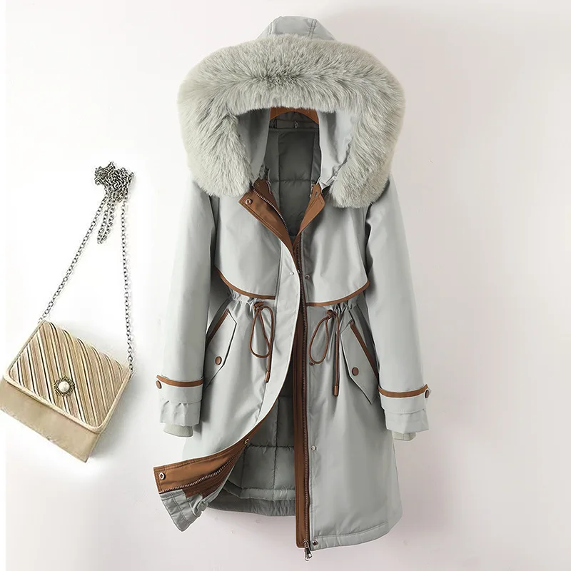 Women Mid Lenth Parkas Coat Hooded Overcoats Solid Zipper Drawstring Waist Detachable Loose Thick Office Lady Casual Winter 2025