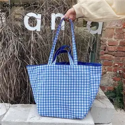 Bolsos de compras a cuadros para mujer, bolso de hombro de doble cara de gran capacidad, estilo Preppy, bolso de lona que combina con todo para estudiantes, portátil Mori-girl