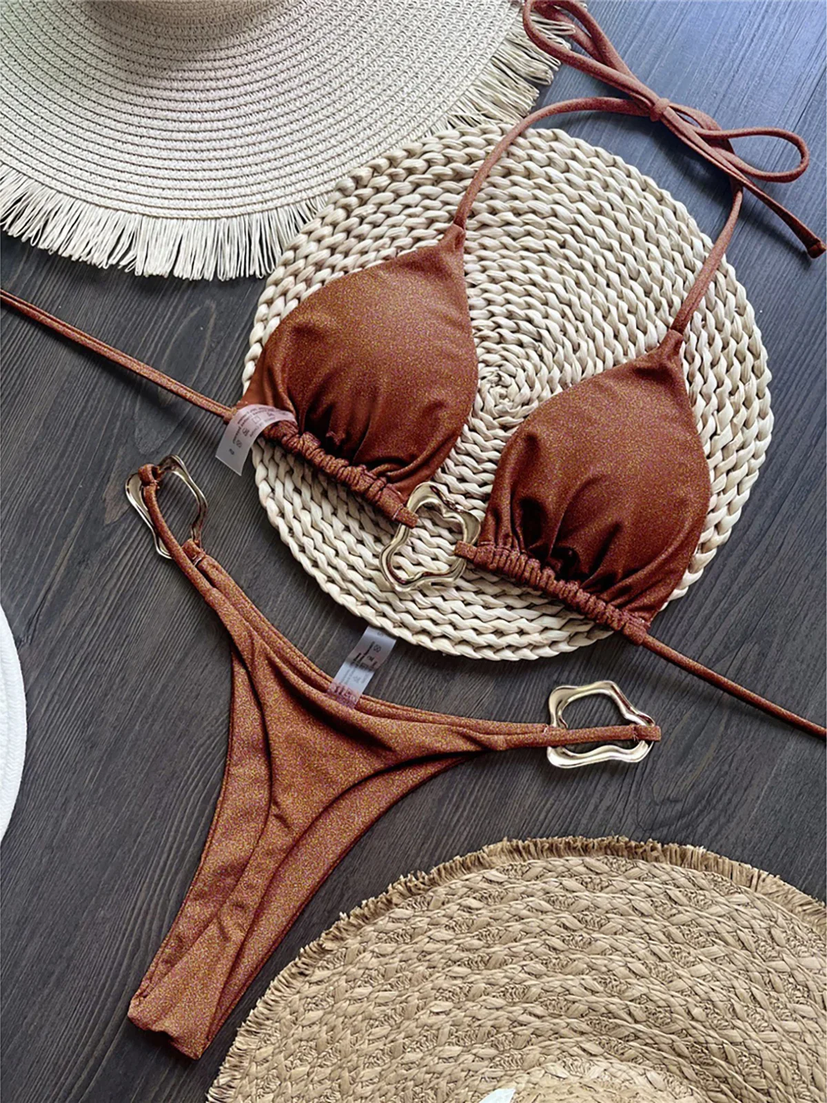 Anello in metallo lucido Halter Mini Perizoma Bikini Donna Costumi da bagno Costume da bagno femminile Bikini a due pezzi Costume da bagno bagnante Swim K6438