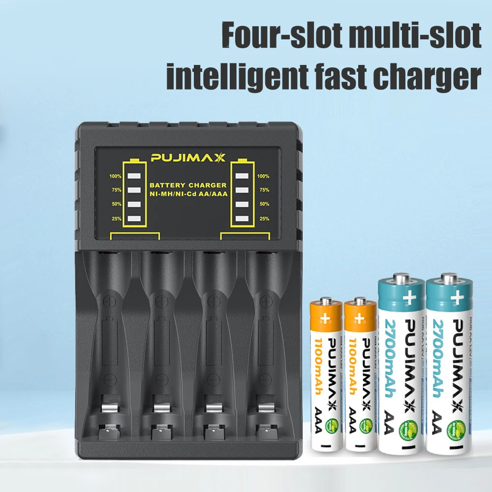 Battery Charger 4 Slot Intelligent Fast Charge With Indicator For 1.2V NiMH NiCd AAA/AA Rechargeable Batteries USB C Micro Jack