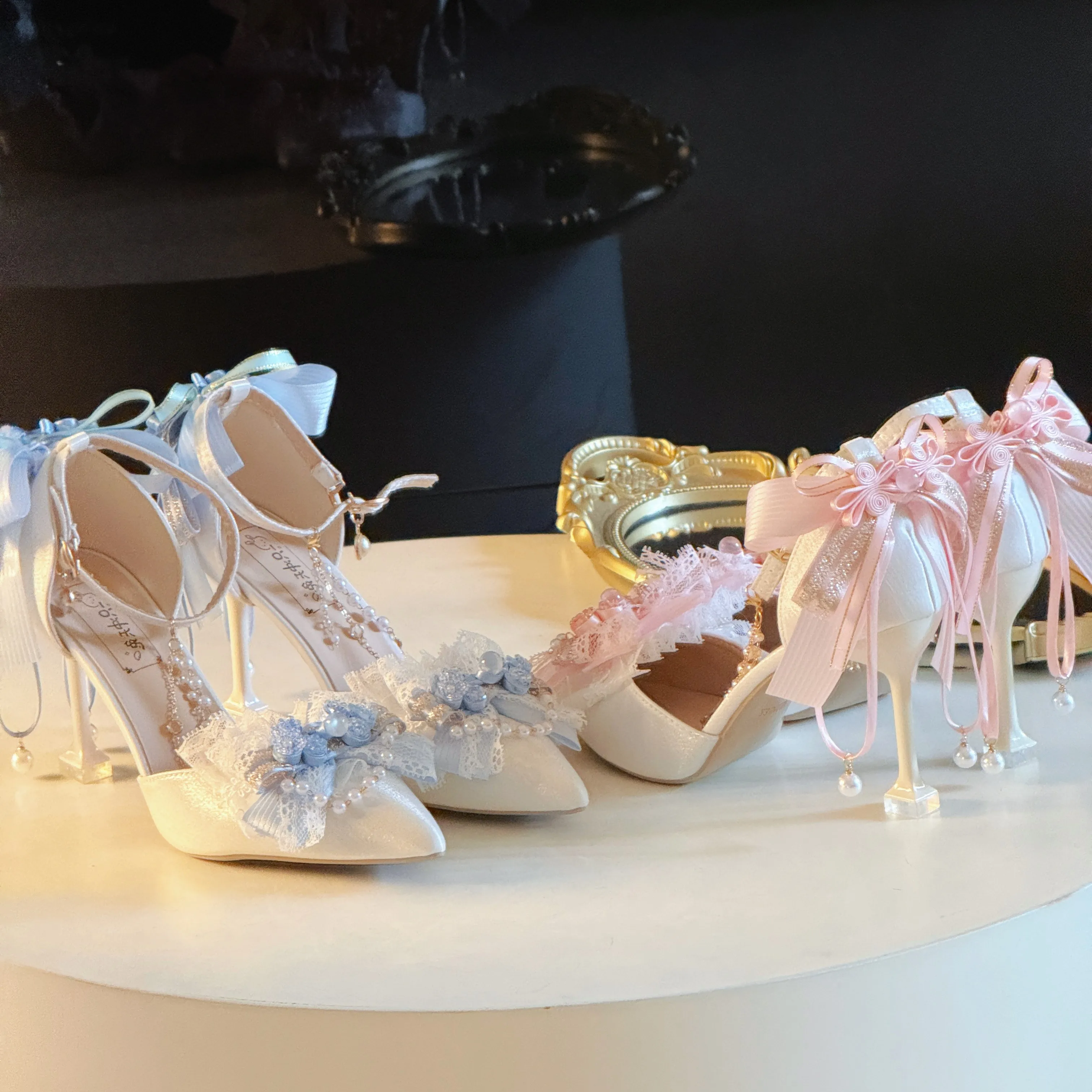 Chinese Style Lolita High Heels Women Pointed Toe Stiletto Floral Bow Pearl Chain Ankle Strap Handmade Cosplay Party Dress Shoes
