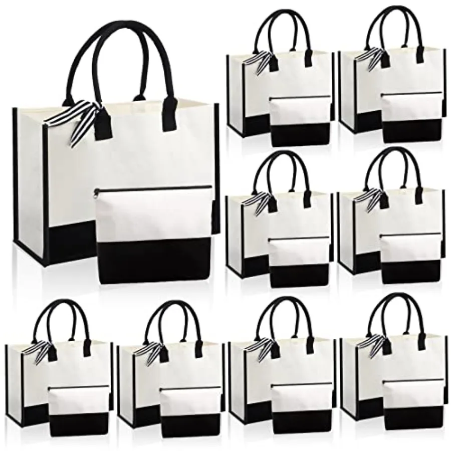 

Sumind 16 Pcs Canvas Tote Bags Bulk Burlap Large Black and White Tote with Handles Ribbon Makeup Bags Gift for Women Beach Wedd