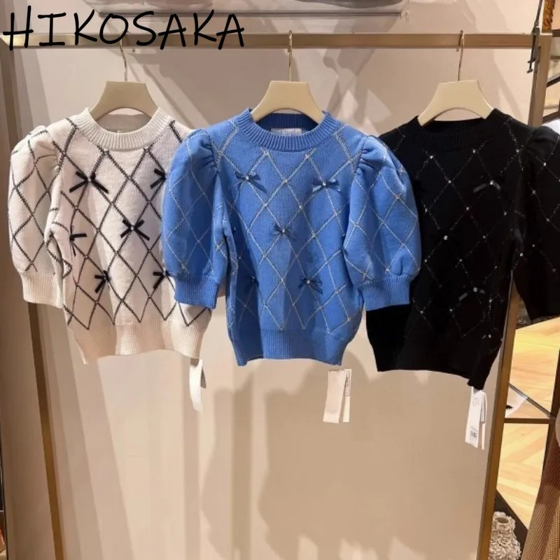 O-neck Puff Short Sleeve Knit Pullovers Sweet Argyle Bow Spring Summer Women Sweaters 2024 New Japan Style Chic Lady Top
