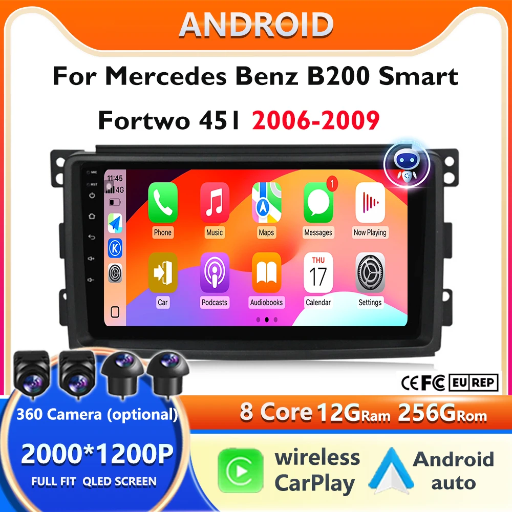 

Android15 Radio 2Din Stereo for Mercedes Benz B200 Smart Fortwo 451 2006-2009 CarPlay Auto Audio Multimedia Player GPS Autoradio