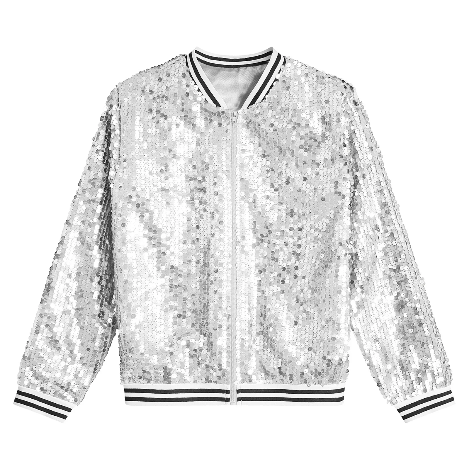 Jaquetas bomber de beisebol para meninas, manga comprida, casacos com zíper para crianças, festa e dança de rua, lantejoulas elegantes, primavera e outono