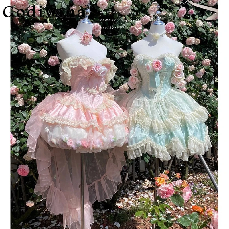 

Summer Sweet Elegant Pink Flower Wedding Dress Women's Slim-Fit Lace Edge Mini Flower Bud Dress Princess Fairy Lolita Dresses