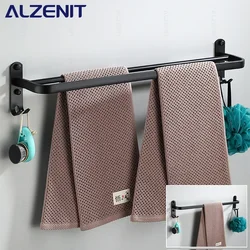 Matte Black Towel Bar 40-60CM Double Rail With Hook Wall Mount Rod Shelf Aluminum Shower Rack Hanger Bathroom Holder Accessories
