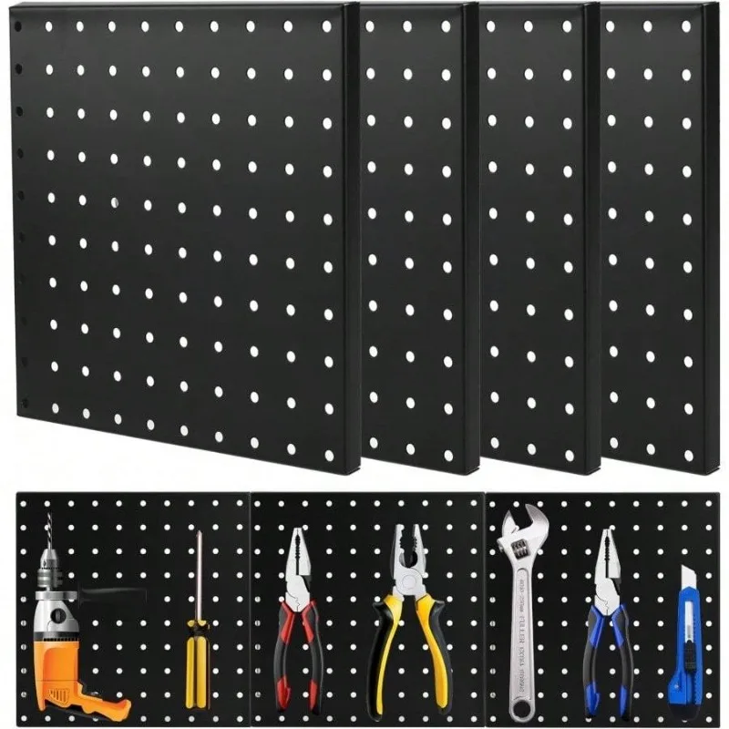 4Pcs Metal Pegboard Wall Organizer Heavy Duty Black Peg Board Panels Garage Workshop Craft Room Storage Display Accessories