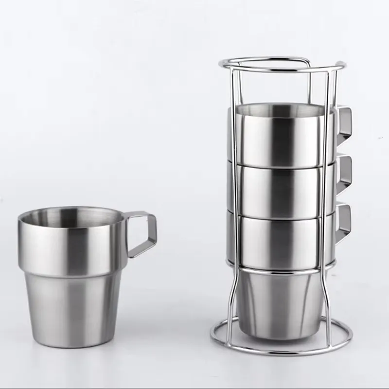 Stainless Steel Double-layer Insulated Camping Cups 4-piece Set  Coffee Mugs With Holder