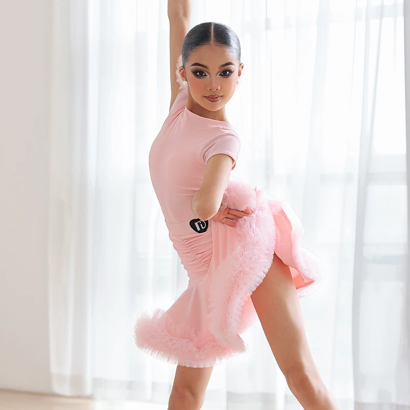 

Pink Latin Dance Costume Girls Short Sleeve Bodysuit Flounce Skirt ChaCha Rumba Competition Dance Suit Latin Stage Clothing 1625