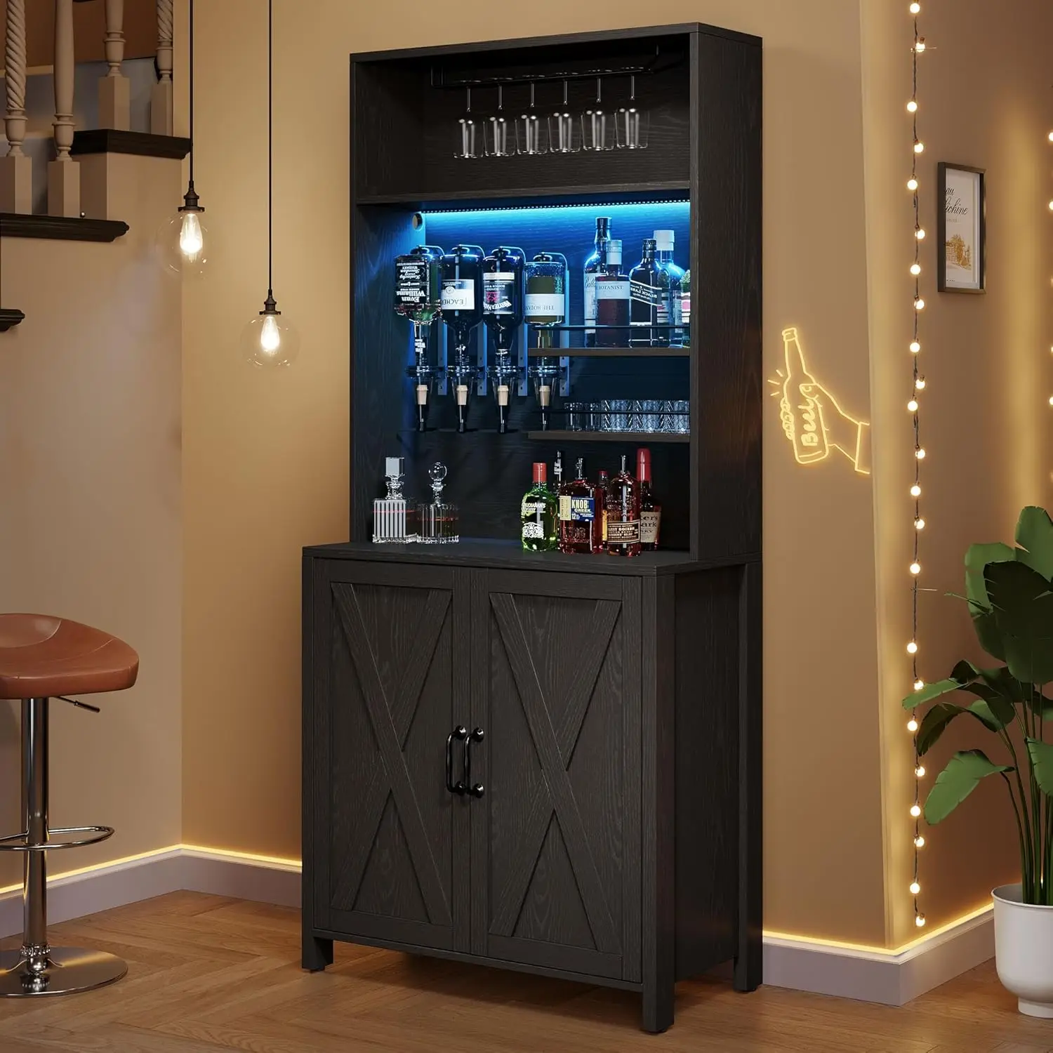 Farmhouse Bar Cabinet w/LED Lights, 71