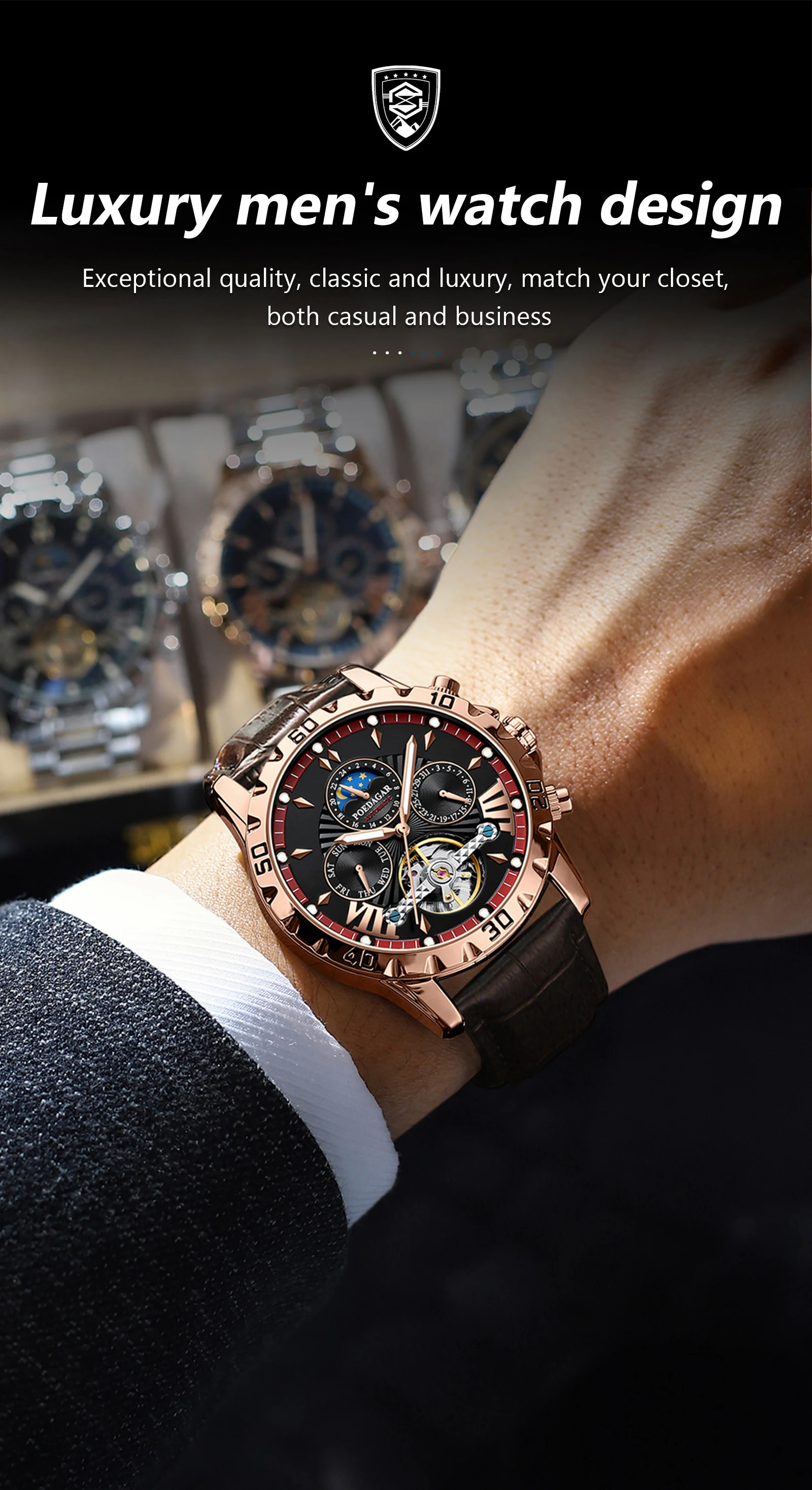 POEDAGAR Luxury Automatic Mechanical Men Watch Hollow Tourbillon Waterproof Luminous Male Clock Week Date Business Men's Watches