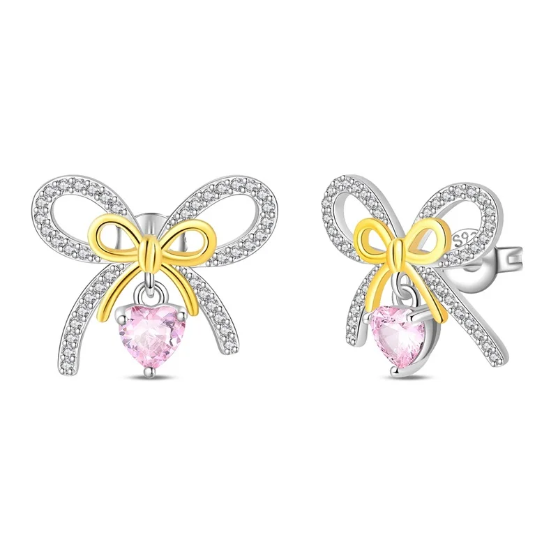 Original 925 Sterling Silver CZ Cubic Zirconia Heart Bow Stud Earrings Charming Women Daily Ear Decor