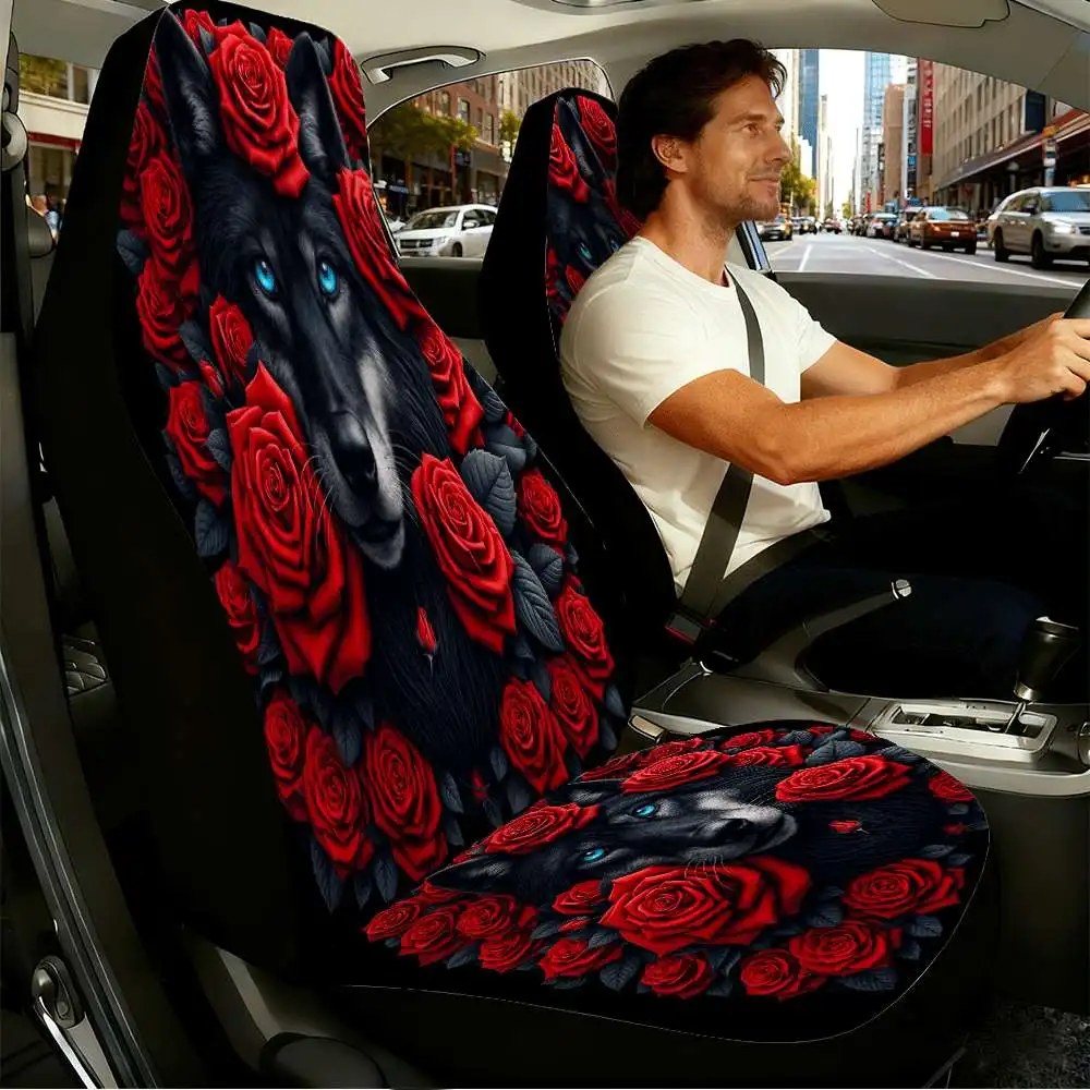 2pcs Blue Eyed Wolf & Red Rose Car Seat Covers Compatible For Front Seats, High-Back Fit For Cars/SUVs/Trucks, Vehicle Accessori