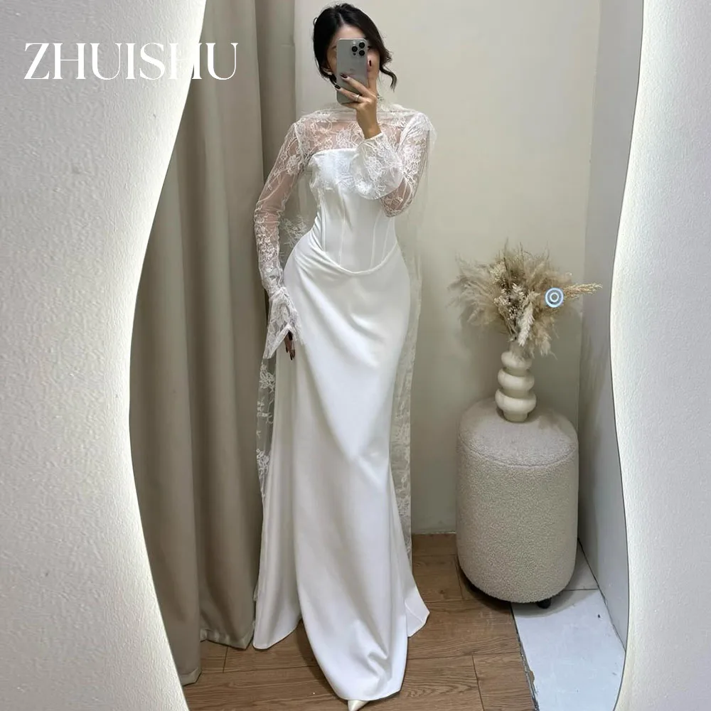 

ZHUISHU Lace Vintage Civil Wedding Party Dresses High Collar Long Sleeves Floor-Length Bridal Gown Customized Evening Dresses