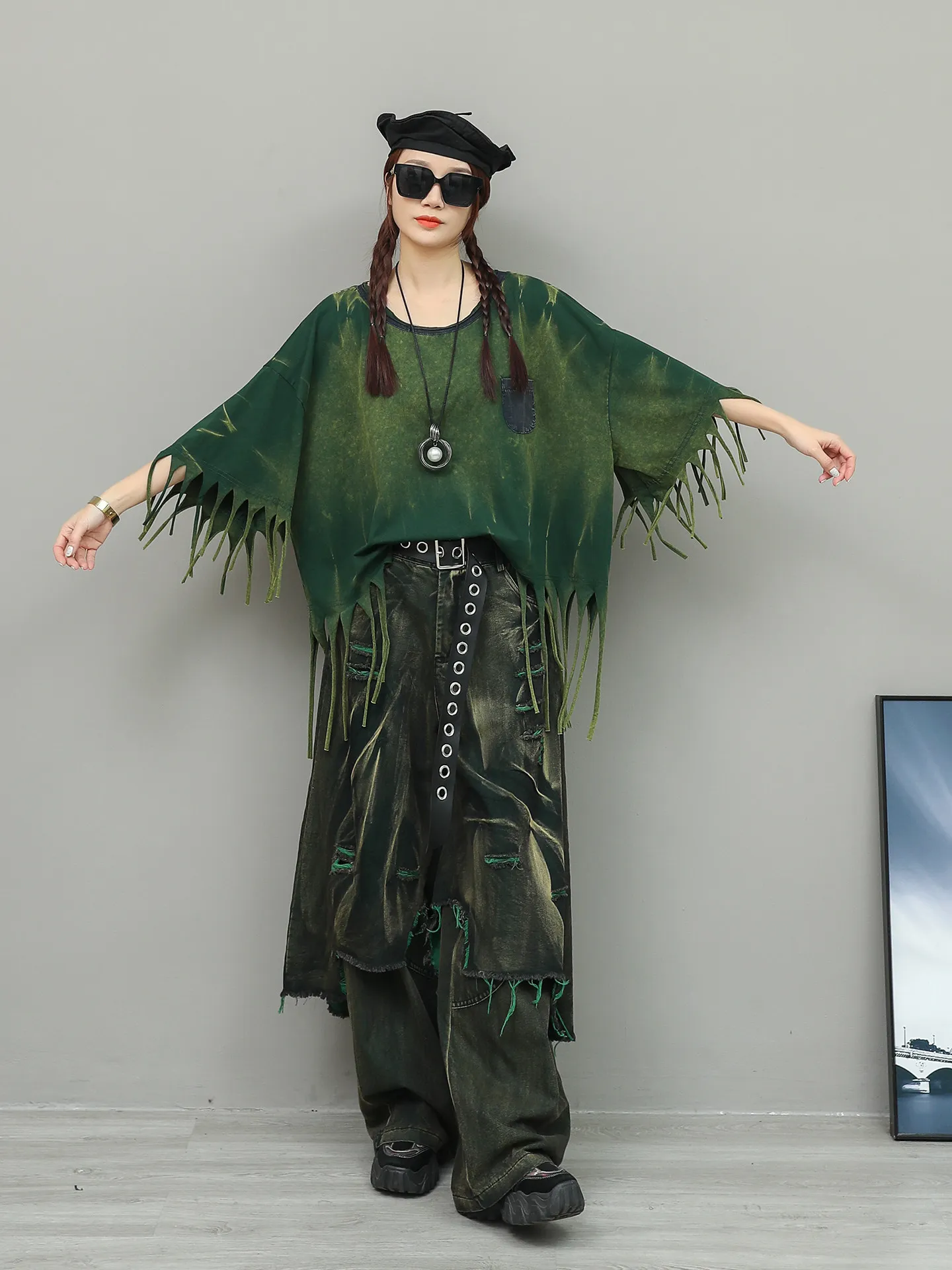 

Personalized Vintage Tassel Short Sleeved T-shirt Fringed Edges Denim Fake Wide Leg Pants Two-piece Set Women's Fashion Suit