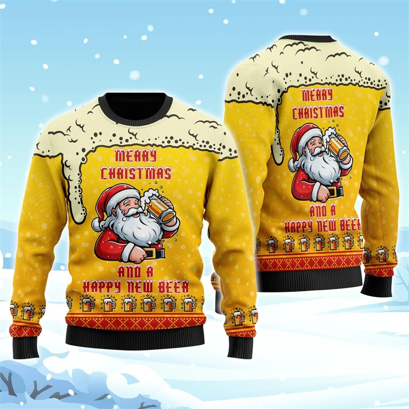 2026 New Fashion Beer Graphic Ugly Christmas Sweater Trendy Santa Claus 3D Printed Xmas Sweatshirts Casual Oversized Pullovers
