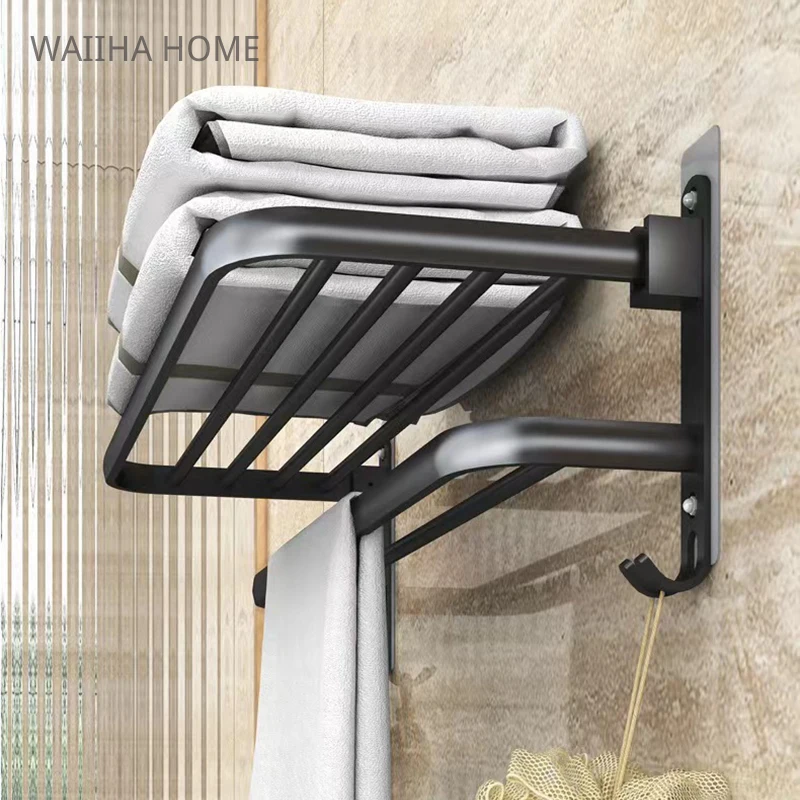 Space Aluminum Bathroom Towel Rack Wall Mounted Folding Storage Adhesive Towel Hanger Black Bathroom Shelf