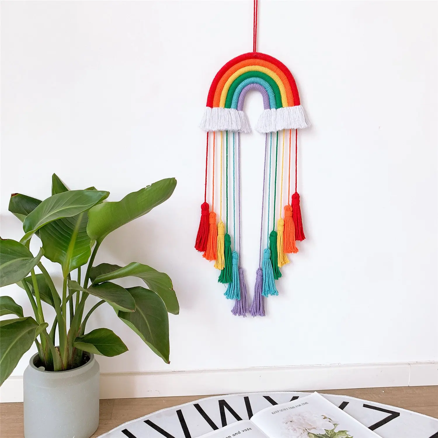 Nordic Hand-Woven Macrame Rainbow Tapestry Wall Hanging Pendant Kids Room Nursery Color Decoration Home