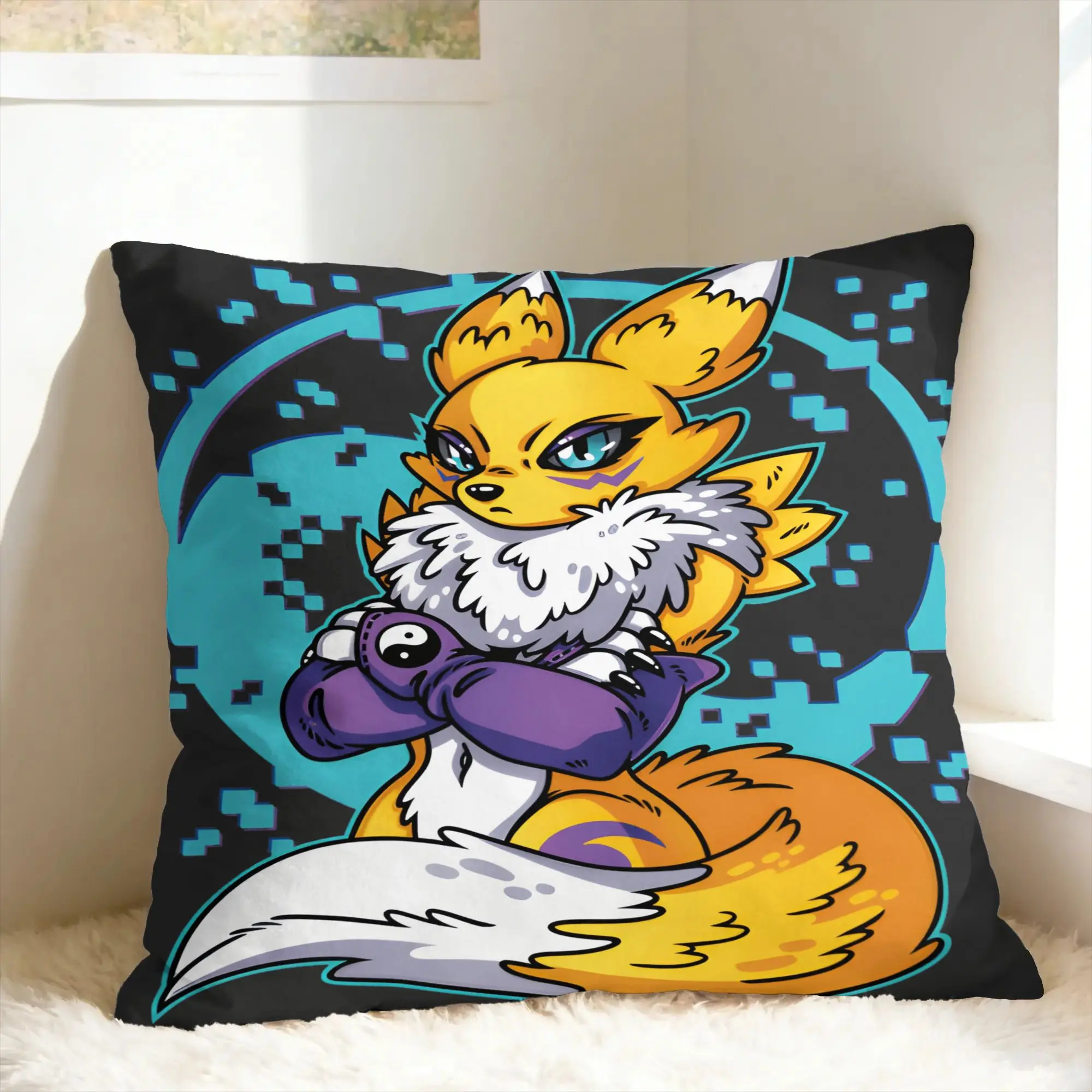 Pillow Case Moiré Renamon Spirit Square  Pillow Cover For Living Room Sofa Funny Pillowcases