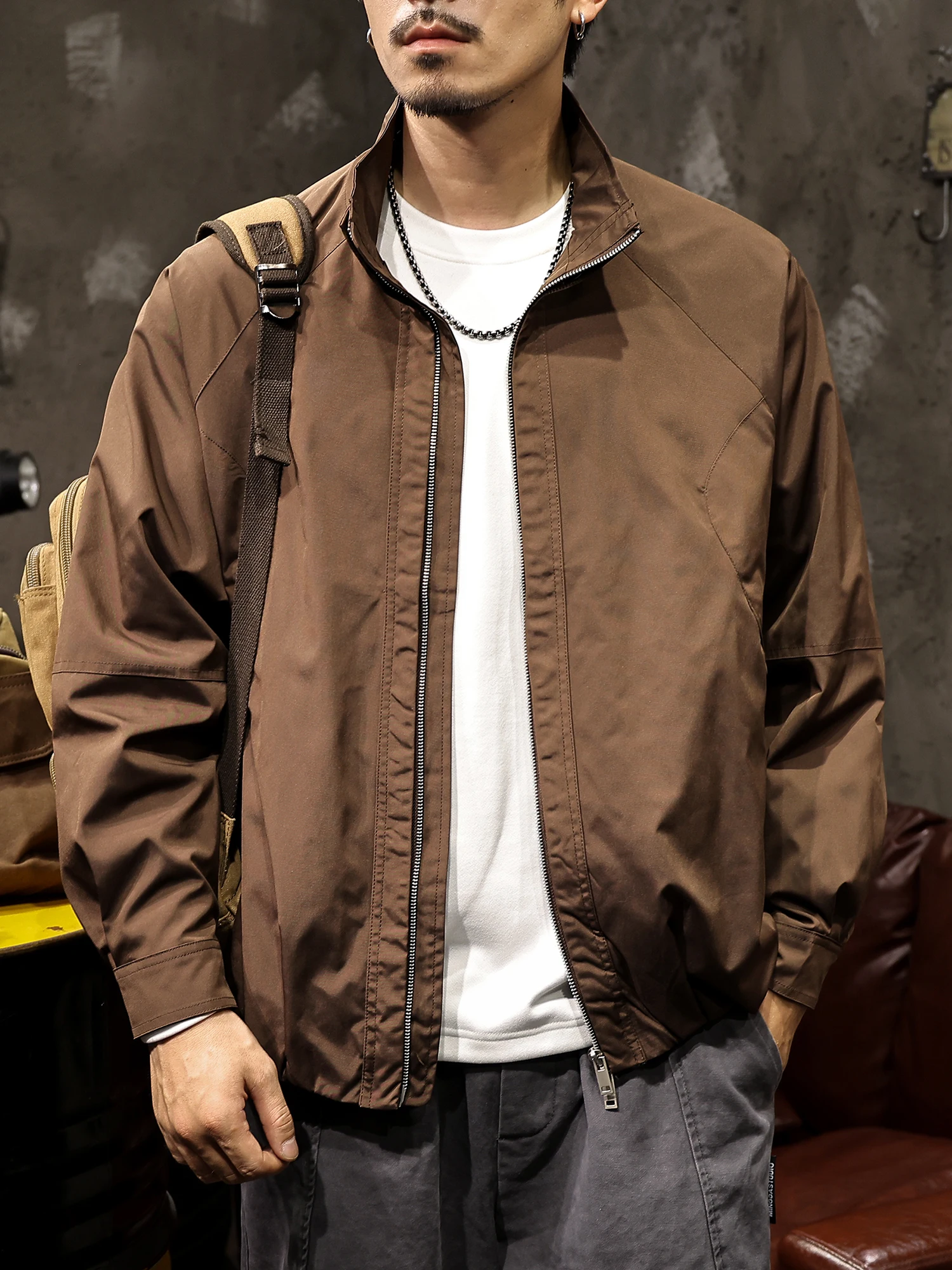 

American Retro Workwear Jaet Men's Loose Stand Collar Casual Brown Windproof Motorcycle Outerwear Trendy Brand Autumn Winte...