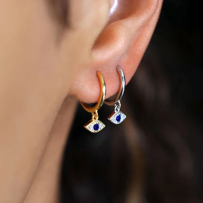 925 Silver Ear Needle Evil Eye Hoop Earrings Blue Crystal Eye Hanging Earrings Star Moon Gold Earrings For Women Korean Jewelry