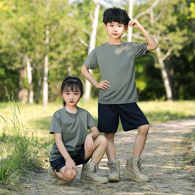 ยุทธวิธีเสื้อแขนสั้นเอวลอยฤดูร้อน Camouflage Camp ตาข่าย Breathable เสื้อยืดโรงเรียนประถมศึกษาและมัธยมศึกษาการฝึกอบรม Uniform