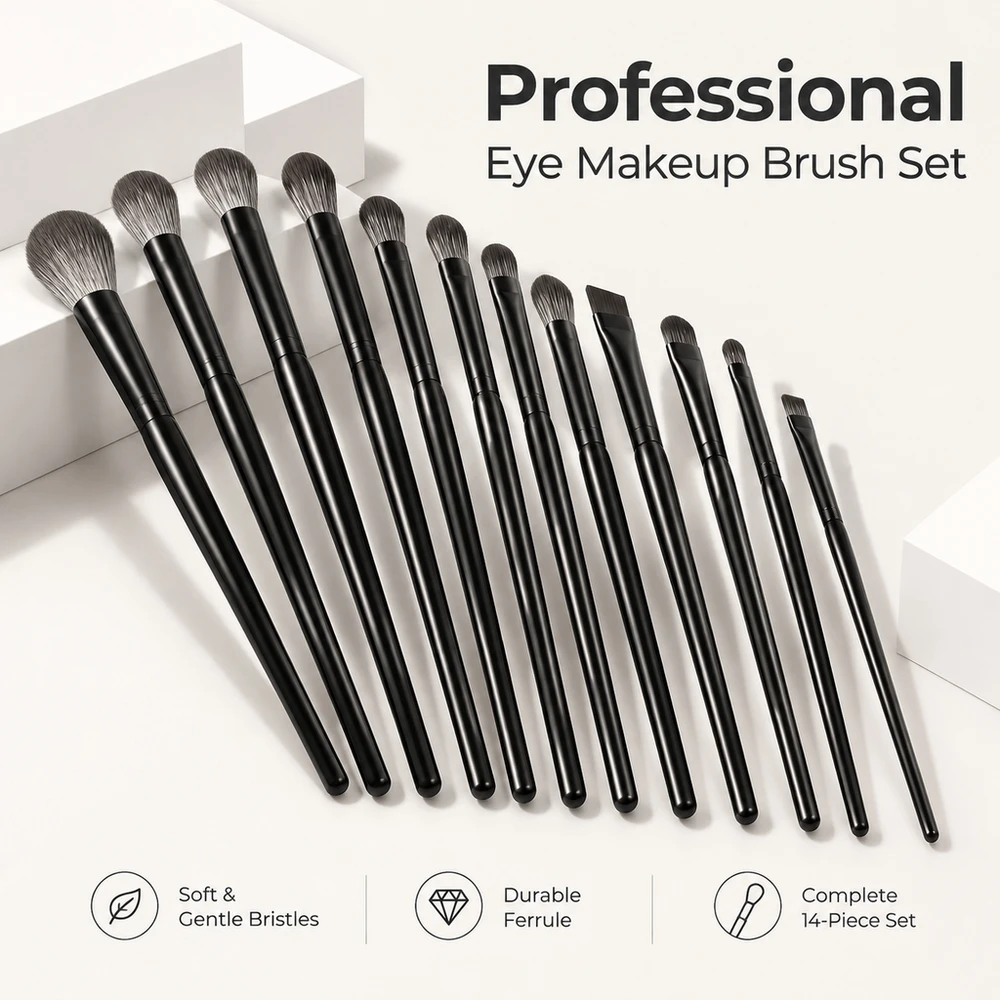 Eye Makeup Brush Set 10 Pieces Soft Black Bristle Eyeshadow Blending Under Eye Liner Knife Edge Detailing Mini Tool Kit