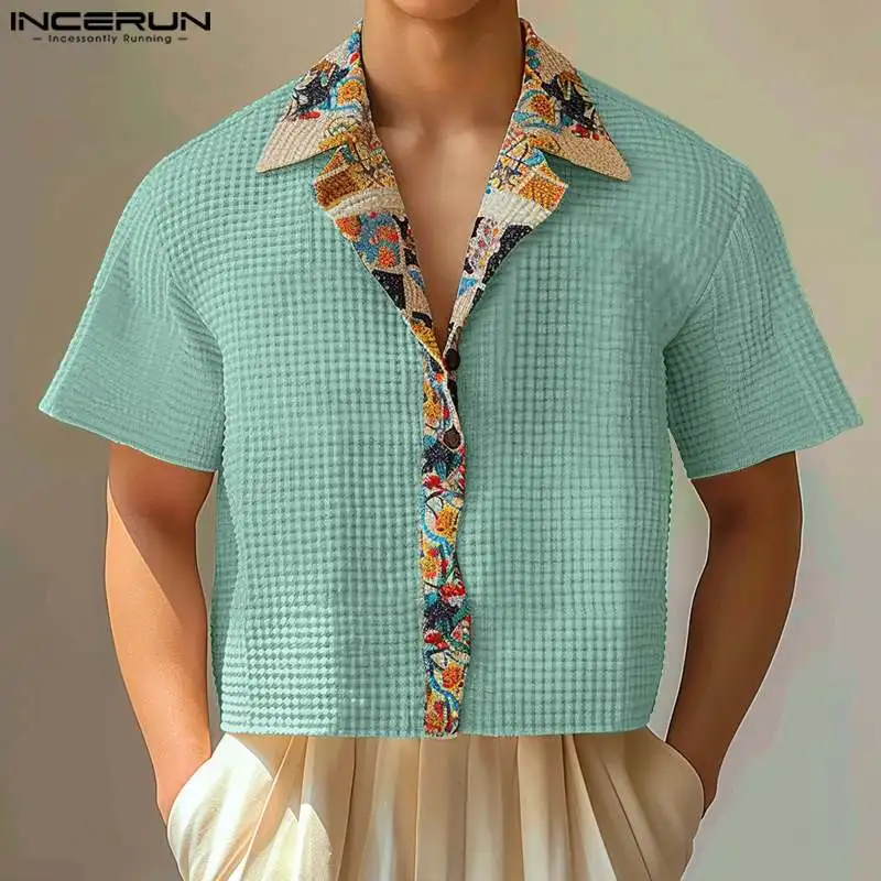 

Fashion Casual Style Tops INCERUN Men Texture Splicing Printed Cropped Shirts Leisure Streetwear Male Short Sleeved Blouse S-5XL